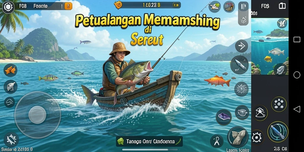Screenshot gameplay F08 menampilkan aksi memancing yang seru.