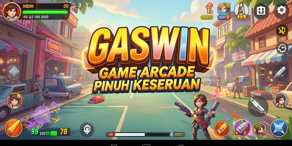 Tangkapan layar GASWIN menampilkan aksi gameplay yang dinamis dan penuh warna.