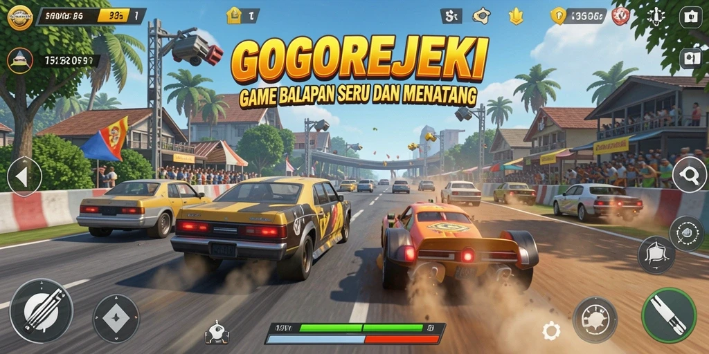 Tangkapan layar GOGOREJEKI menunjukkan aksi balapan yang mendebarkan dan grafik yang memukau.
