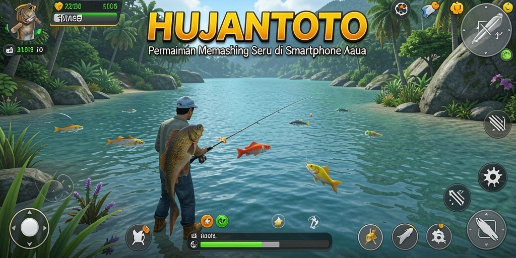 Screenshot gameplay HUJANTOTO menampilkan aksi memancing yang seru.