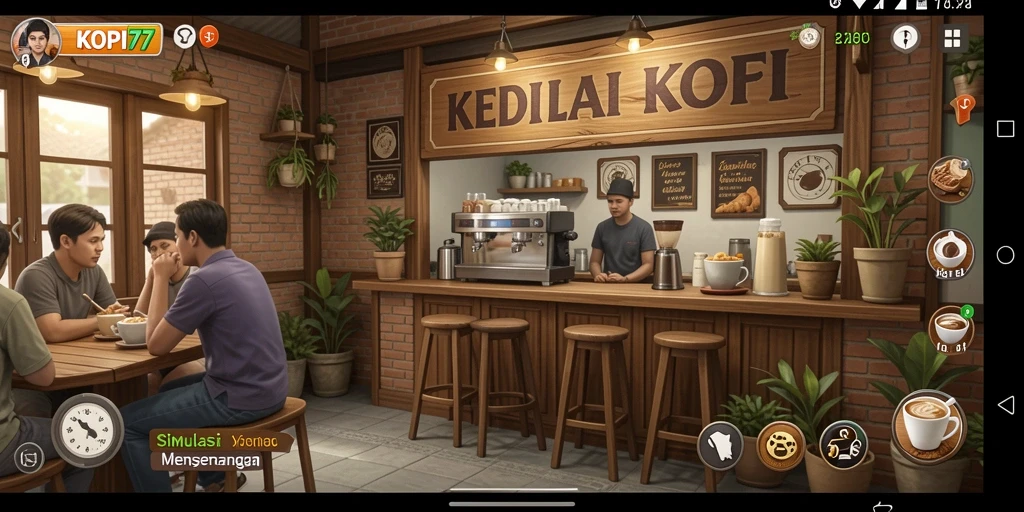 Screenshot gameplay KOPI77 menampilkan suasana kedai kopi yang hidup dan interaksi pelanggan.