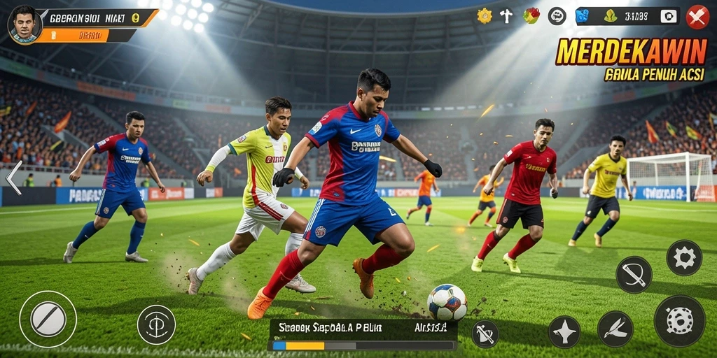 Tampilan gameplay mendebarkan di lapangan hijau MERDEKAWIN.
