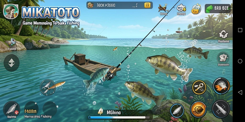Screenshot gameplay MIKATOTO menampilkan pengalaman memancing yang seru.