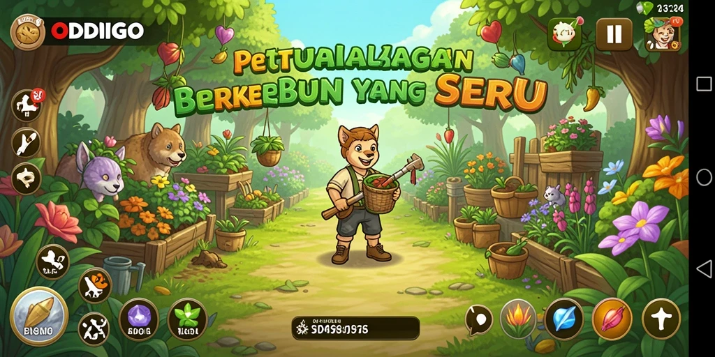 Tangkapan layar ODDIGO menampilkan gameplay seru dengan kebun indah yang sedang dirawat.