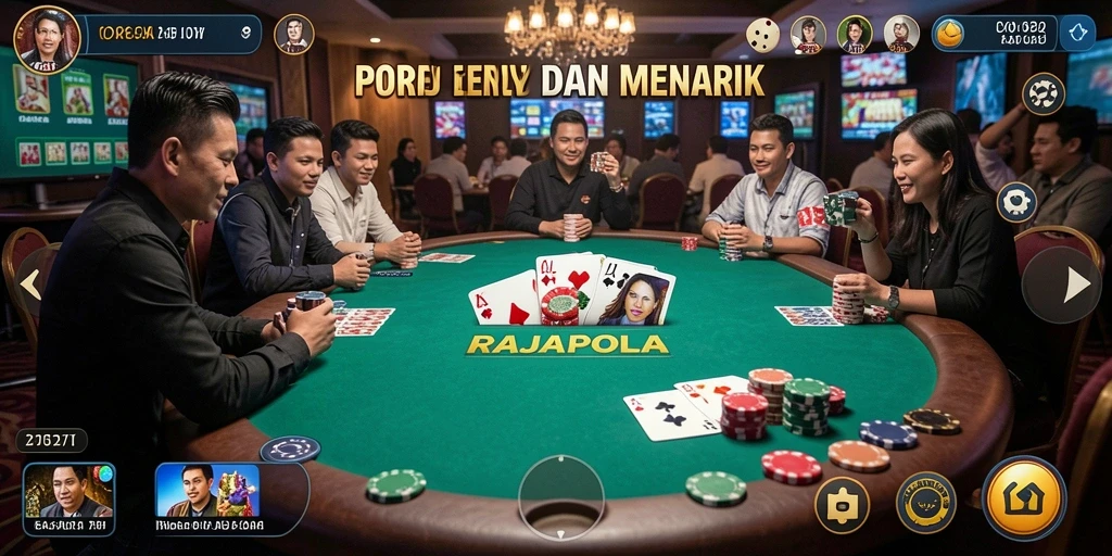 Screenshot RAJAPOLA menampilkan pemain asyik bertaruh di meja poker.