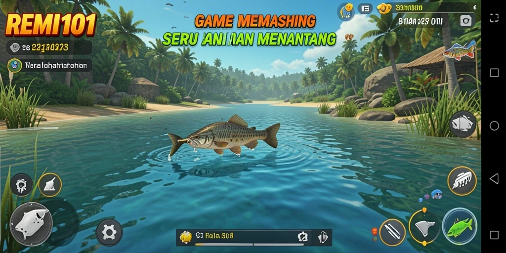 Tampilan gameplay REMI101 yang menarik saat memancing di laut.